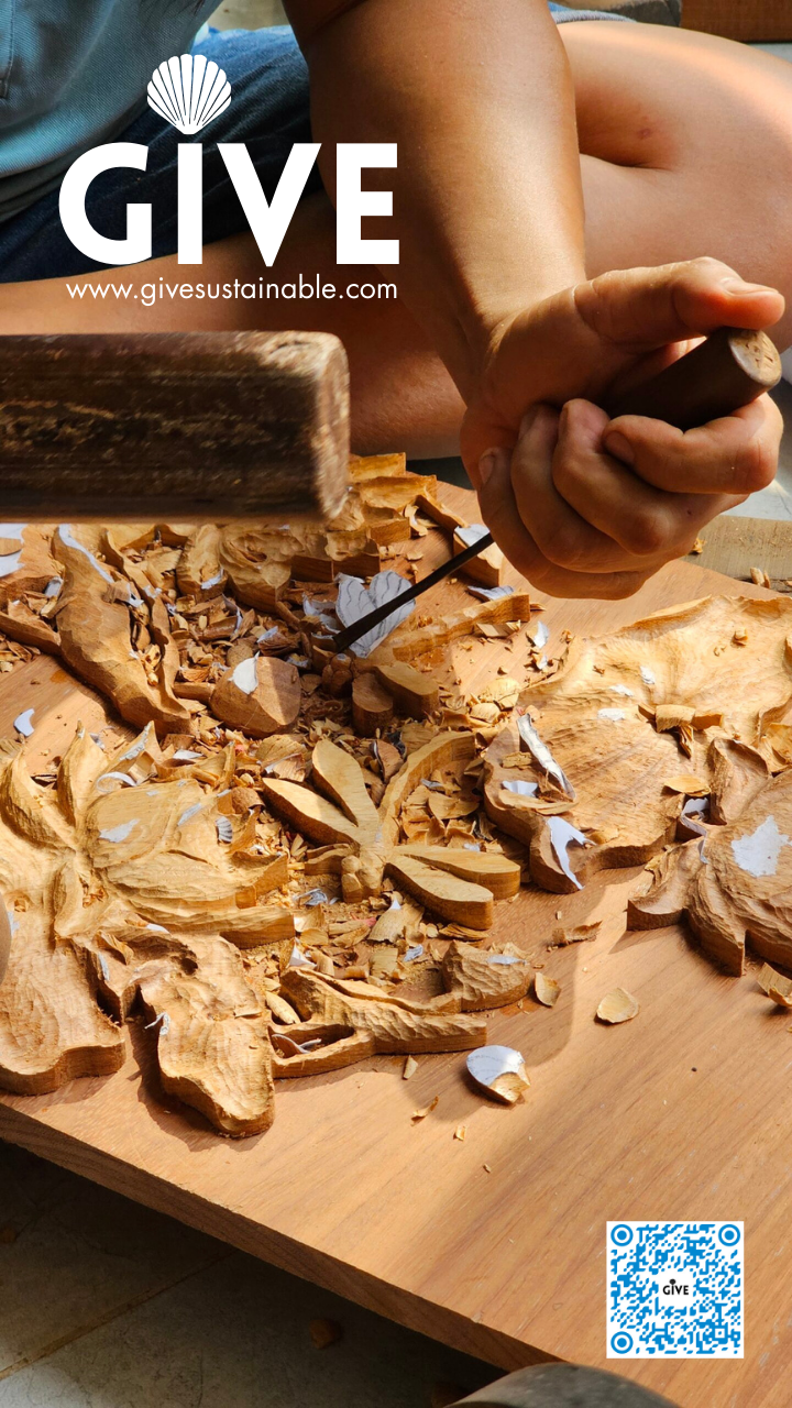 Hand-carved from reclaimed native woods with care.